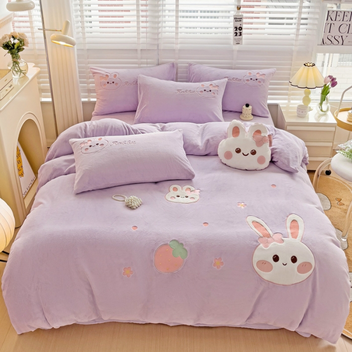 91家纺网 家纺一手货源 找家纺 娜娜 2023新款牛奶绒毛巾绣套件 萌萌兔-浅紫