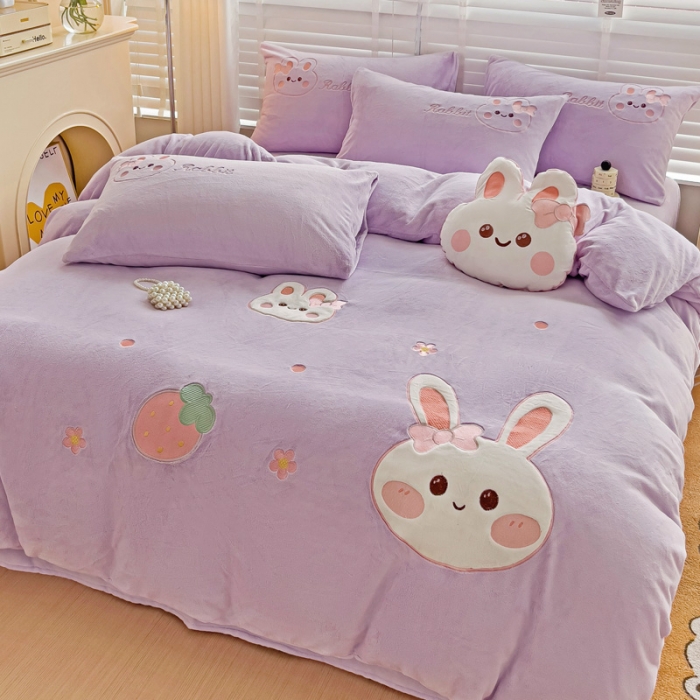 91家纺网 家纺一手货源 找家纺 娜娜 2023新款牛奶绒毛巾绣套件 萌萌兔-浅紫