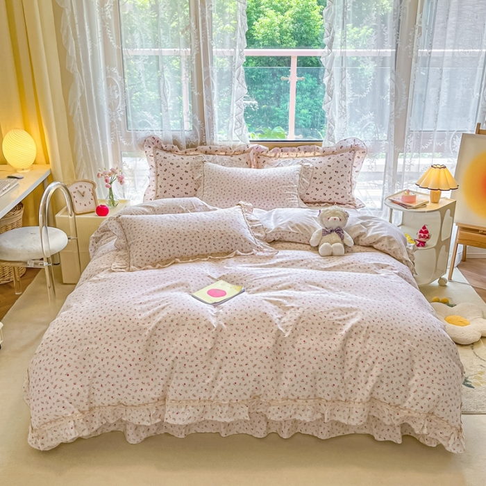 91家纺网 家纺一手货源 找家纺 艾唯希家纺 2024新款全棉韩式花边四件套纯棉公主风田园系列 春田