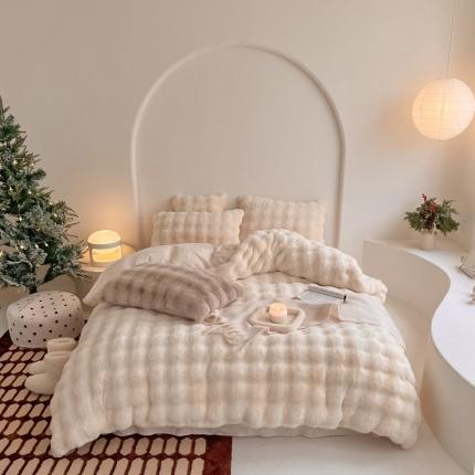 91家纺网 家纺一手货源 找家纺 潘朵拉 2023新款爆款兔毛大泡泡四件套 大泡泡米白