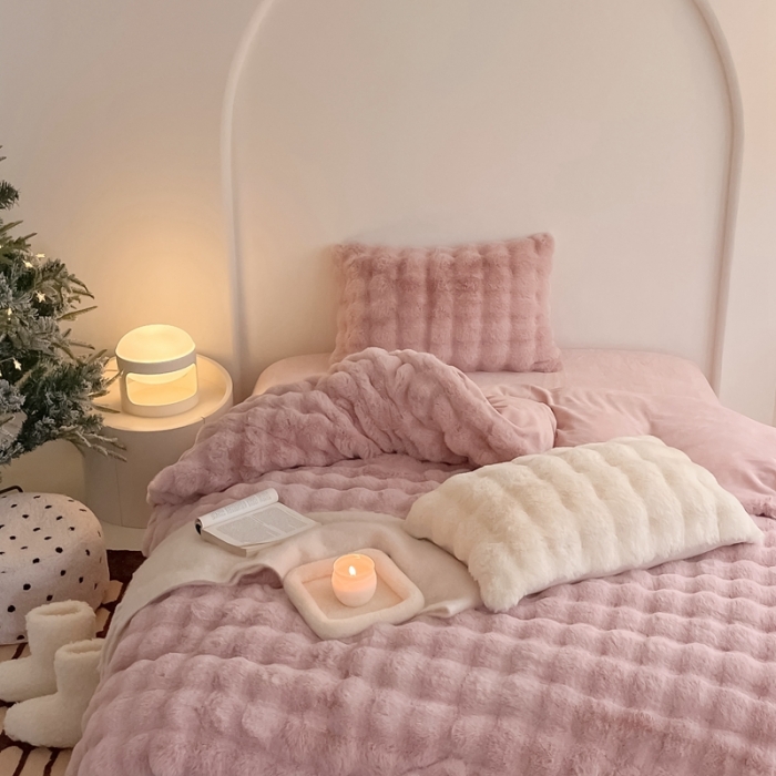 91家纺网 家纺一手货源 找家纺 潘朵拉 2023新款爆款兔毛大泡泡四件套 大泡泡豆沙