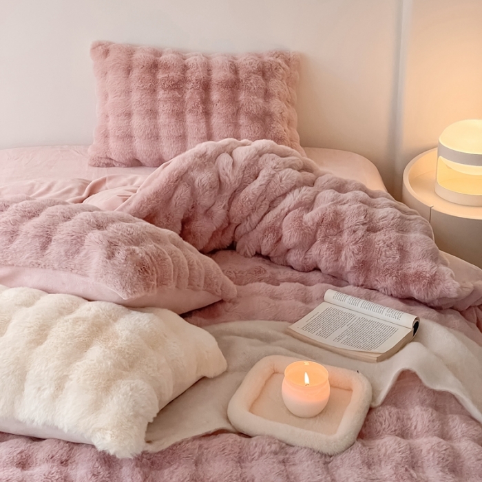 91家纺网 家纺一手货源 找家纺 潘朵拉 2023新款爆款兔毛大泡泡四件套 大泡泡豆沙