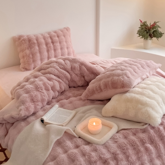 91家纺网 家纺一手货源 找家纺 潘朵拉 2023新款爆款兔毛大泡泡四件套 大泡泡豆沙