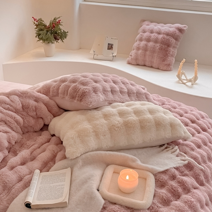 91家纺网 家纺一手货源 找家纺 潘朵拉 2023新款爆款兔毛大泡泡四件套 大泡泡豆沙