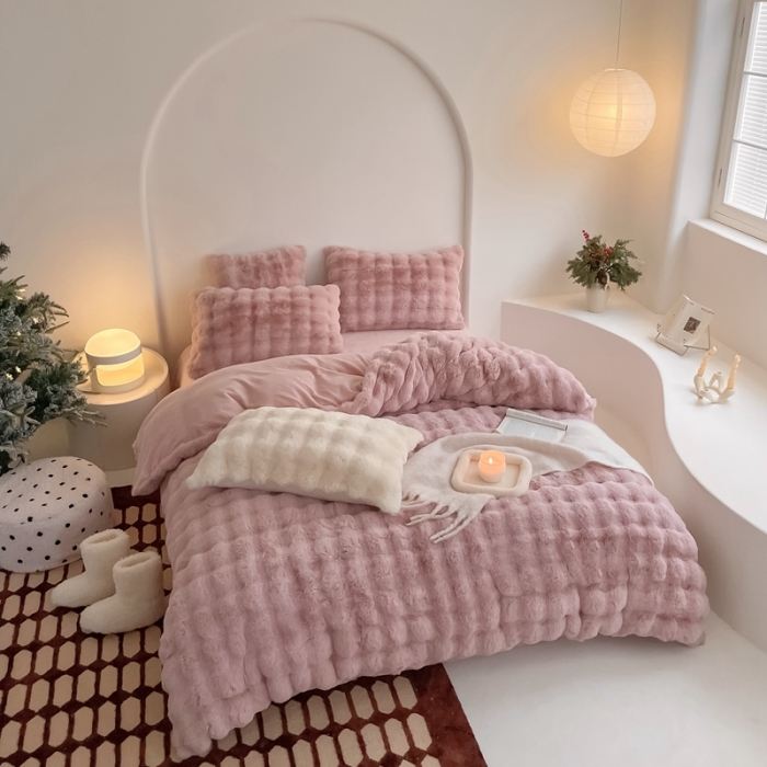 91家纺网 家纺一手货源 找家纺 潘朵拉 2023新款爆款兔毛大泡泡四件套 大泡泡豆沙