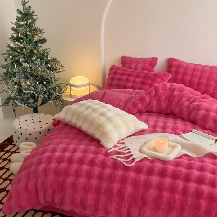 91家纺网 家纺一手货源 找家纺 潘朵拉 2023新款爆款兔毛大泡泡四件套 大泡泡火龙果色