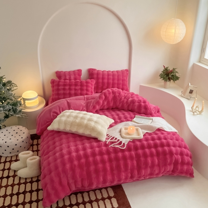 91家纺网 家纺一手货源 找家纺 潘朵拉 2023新款爆款兔毛大泡泡四件套 大泡泡火龙果色