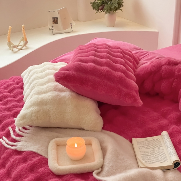 91家纺网 家纺一手货源 找家纺 潘朵拉 2023新款爆款兔毛大泡泡四件套 大泡泡火龙果色