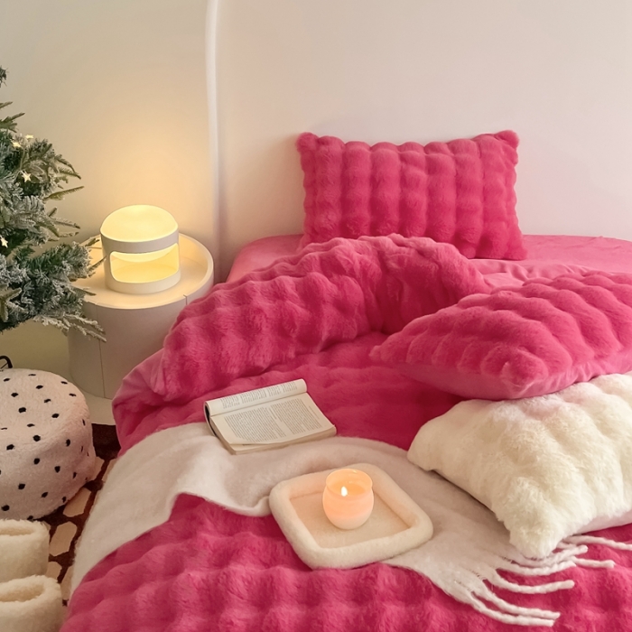 91家纺网 家纺一手货源 找家纺 潘朵拉 2023新款爆款兔毛大泡泡四件套 大泡泡火龙果色