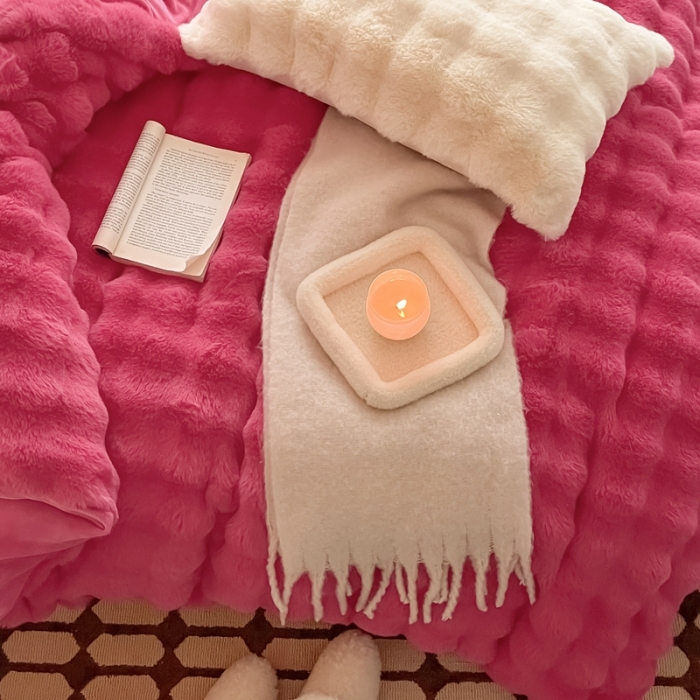 91家纺网 家纺一手货源 找家纺 潘朵拉 2023新款爆款兔毛大泡泡四件套 大泡泡火龙果色