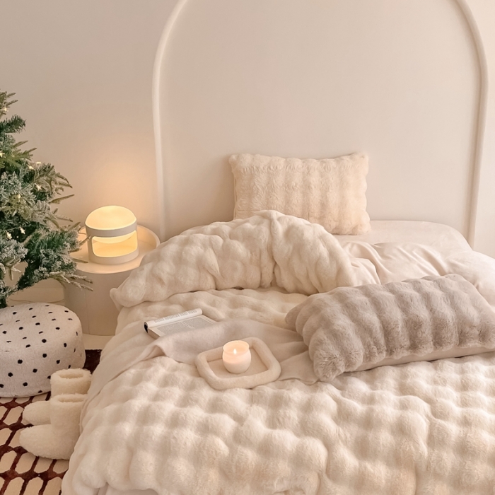 91家纺网 家纺一手货源 找家纺 潘朵拉 2023新款爆款兔毛大泡泡四件套 大泡泡米白