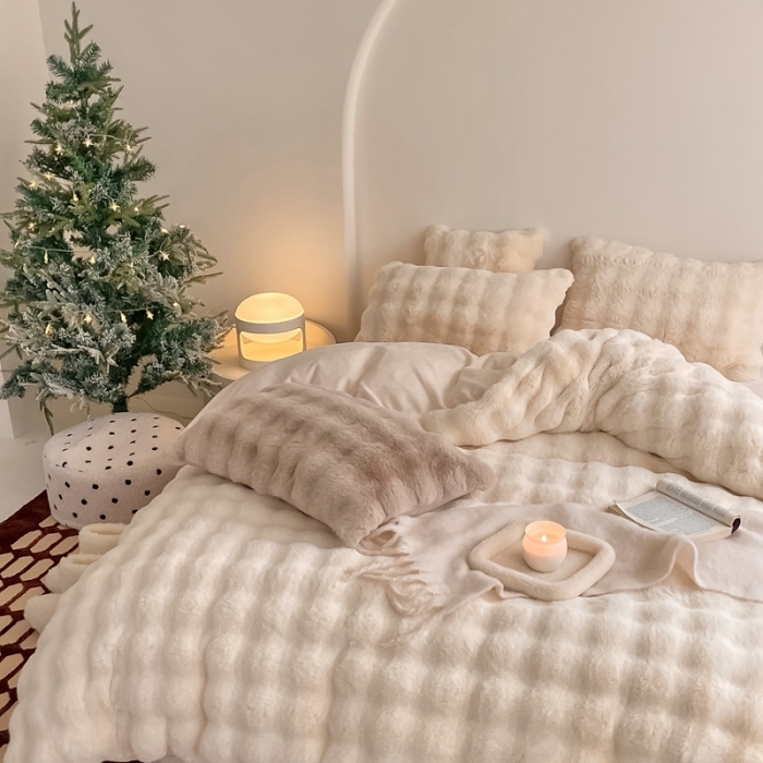 91家纺网 家纺一手货源 找家纺 潘朵拉 2023新款爆款兔毛大泡泡四件套 大泡泡米白