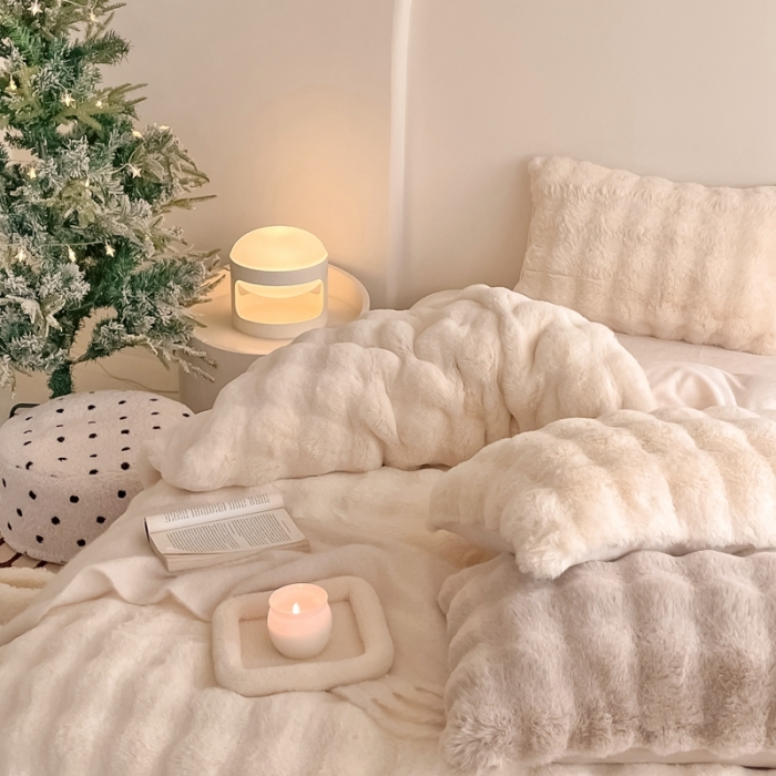 91家纺网 家纺一手货源 找家纺 潘朵拉 2023新款爆款兔毛大泡泡四件套 大泡泡米白