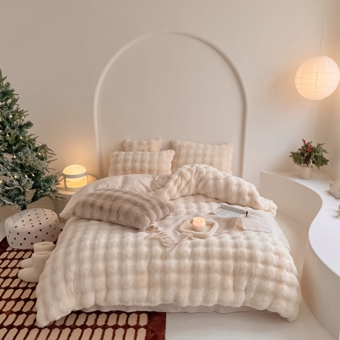 91家纺网 家纺一手货源 找家纺 潘朵拉 2023新款爆款兔毛大泡泡四件套 大泡泡米白