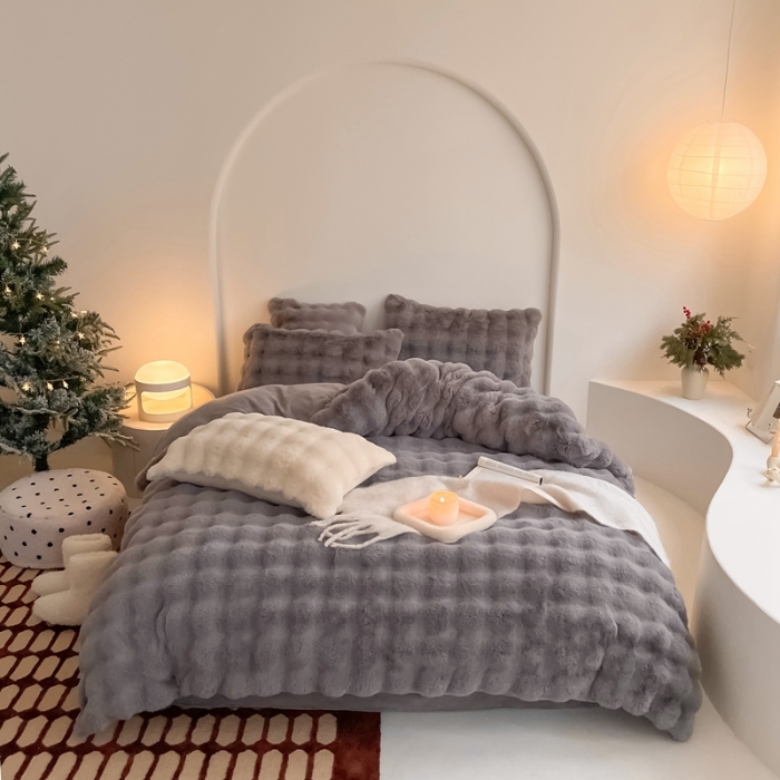 91家纺网 家纺一手货源 找家纺 潘朵拉 2023新款爆款兔毛大泡泡四件套 大泡泡浅灰