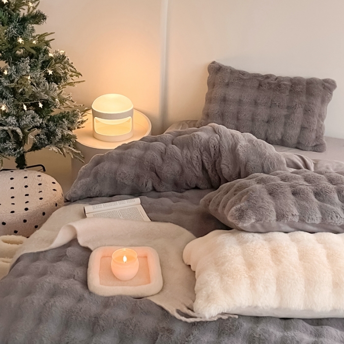 91家纺网 家纺一手货源 找家纺 潘朵拉 2023新款爆款兔毛大泡泡四件套 大泡泡浅灰