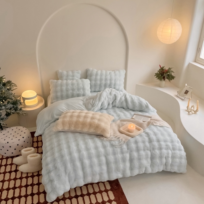 91家纺网 家纺一手货源 找家纺 潘朵拉 2023新款爆款兔毛大泡泡四件套 大泡泡浅蓝