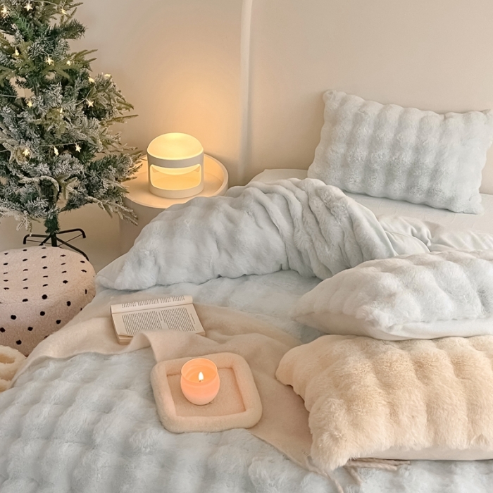 91家纺网 家纺一手货源 找家纺 潘朵拉 2023新款爆款兔毛大泡泡四件套 大泡泡浅蓝