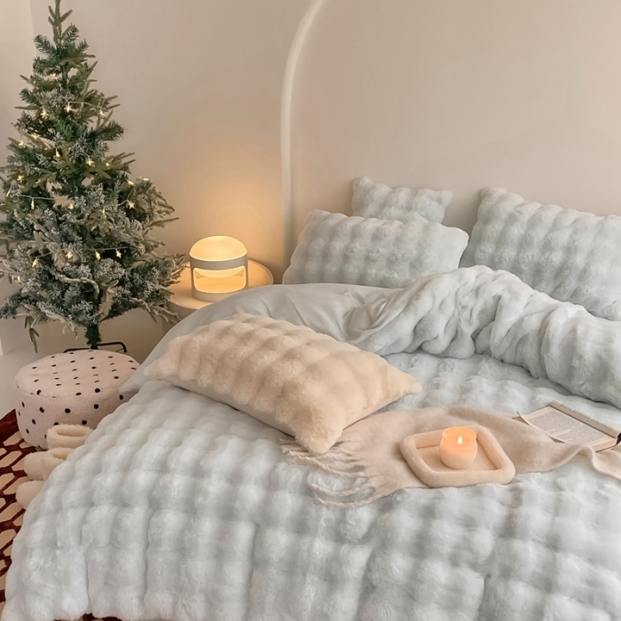 91家纺网 家纺一手货源 找家纺 潘朵拉 2023新款爆款兔毛大泡泡四件套 大泡泡浅蓝