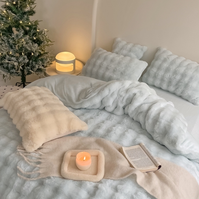 91家纺网 家纺一手货源 找家纺 潘朵拉 2023新款爆款兔毛大泡泡四件套 大泡泡浅蓝