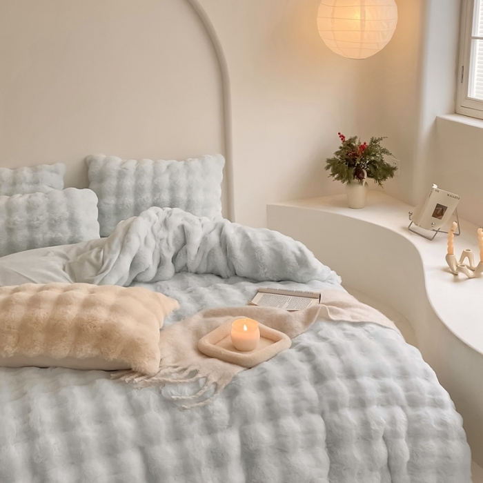 91家纺网 家纺一手货源 找家纺 潘朵拉 2023新款爆款兔毛大泡泡四件套 大泡泡浅蓝