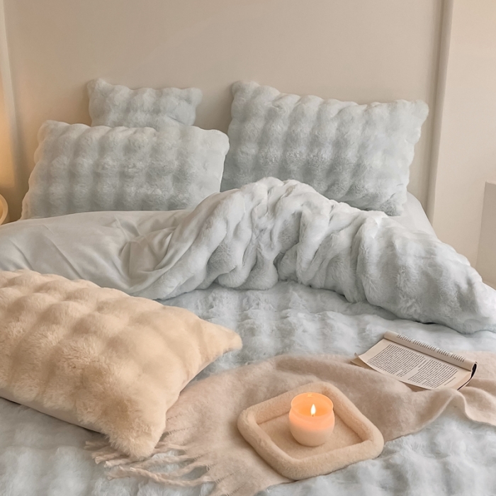 91家纺网 家纺一手货源 找家纺 潘朵拉 2023新款爆款兔毛大泡泡四件套 大泡泡浅蓝