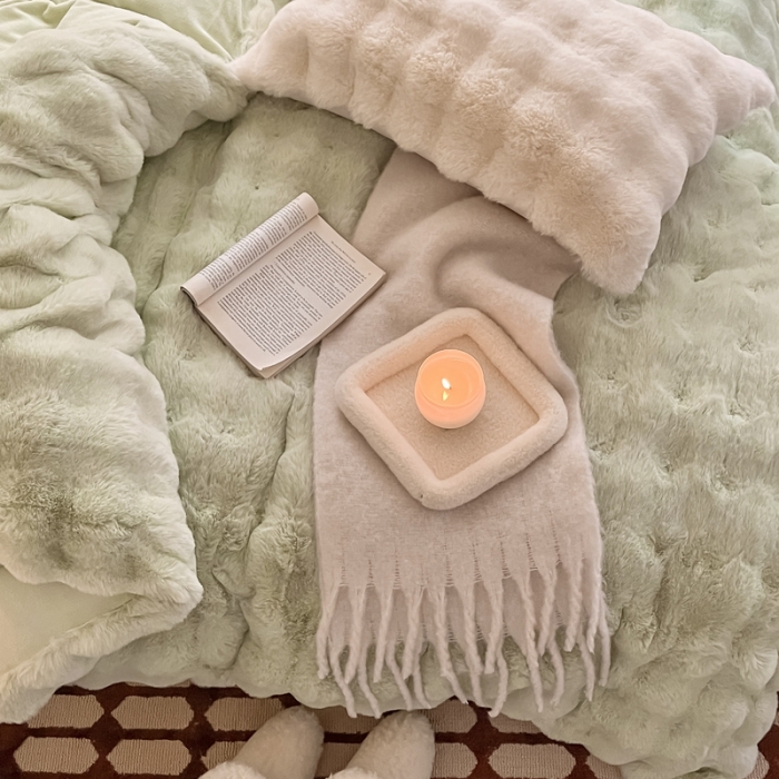 91家纺网 家纺一手货源 找家纺 潘朵拉 2023新款爆款兔毛大泡泡四件套 大泡泡浅绿