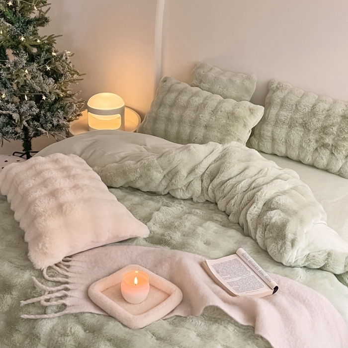 91家纺网 家纺一手货源 找家纺 潘朵拉 2023新款爆款兔毛大泡泡四件套 大泡泡浅绿