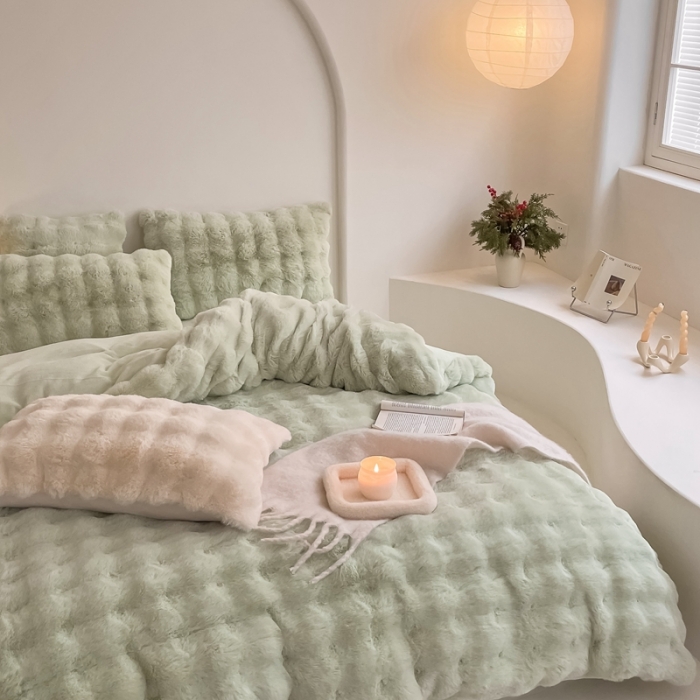 91家纺网 家纺一手货源 找家纺 潘朵拉 2023新款爆款兔毛大泡泡四件套 大泡泡浅绿