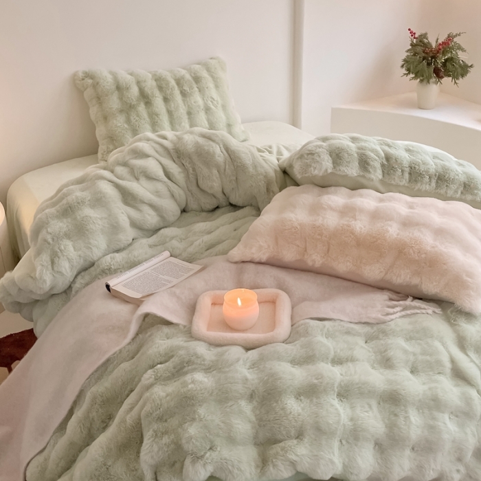 91家纺网 家纺一手货源 找家纺 潘朵拉 2023新款爆款兔毛大泡泡四件套 大泡泡浅绿