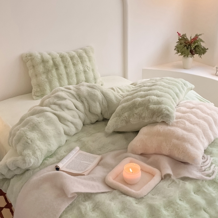 91家纺网 家纺一手货源 找家纺 潘朵拉 2023新款爆款兔毛大泡泡四件套 大泡泡浅绿