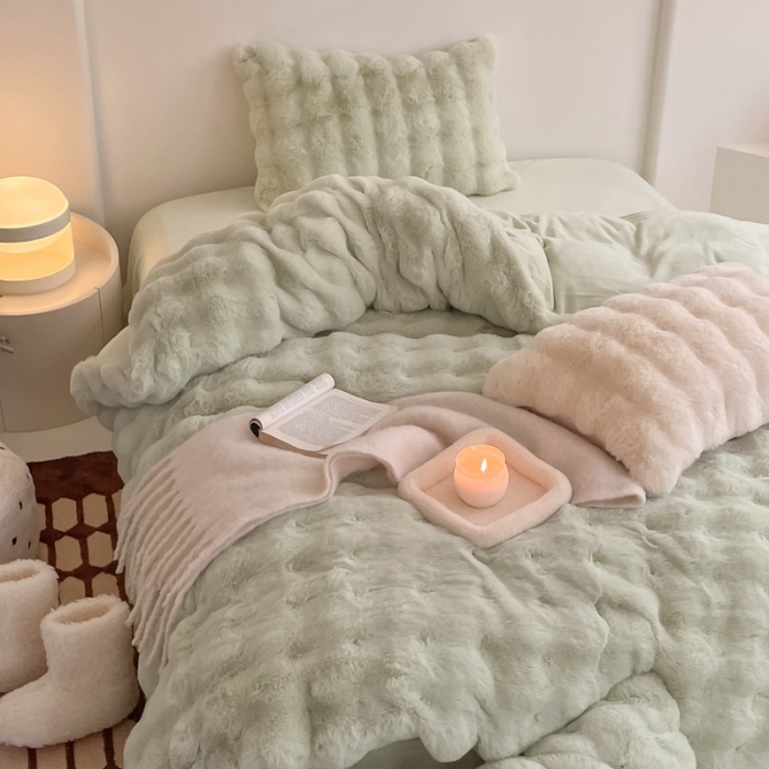 91家纺网 家纺一手货源 找家纺 潘朵拉 2023新款爆款兔毛大泡泡四件套 大泡泡浅绿