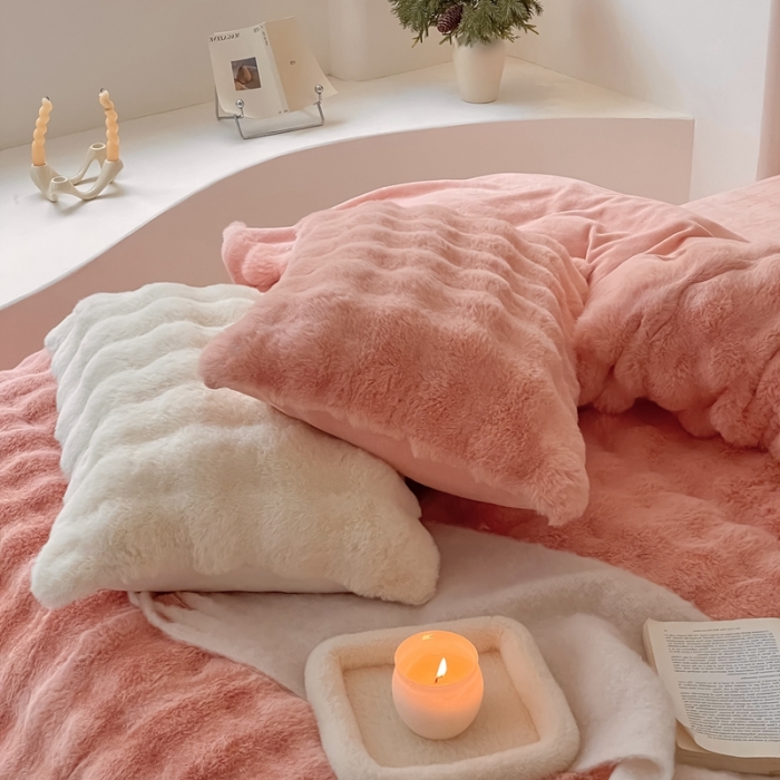 91家纺网 家纺一手货源 找家纺 潘朵拉 2023新款爆款兔毛大泡泡四件套 大泡泡蔷薇粉玉