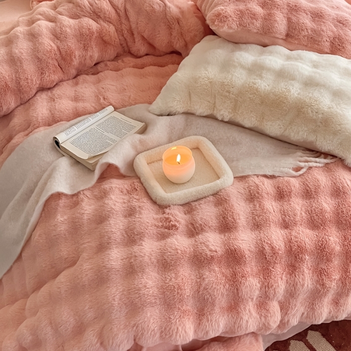 91家纺网 家纺一手货源 找家纺 潘朵拉 2023新款爆款兔毛大泡泡四件套 大泡泡蔷薇粉玉