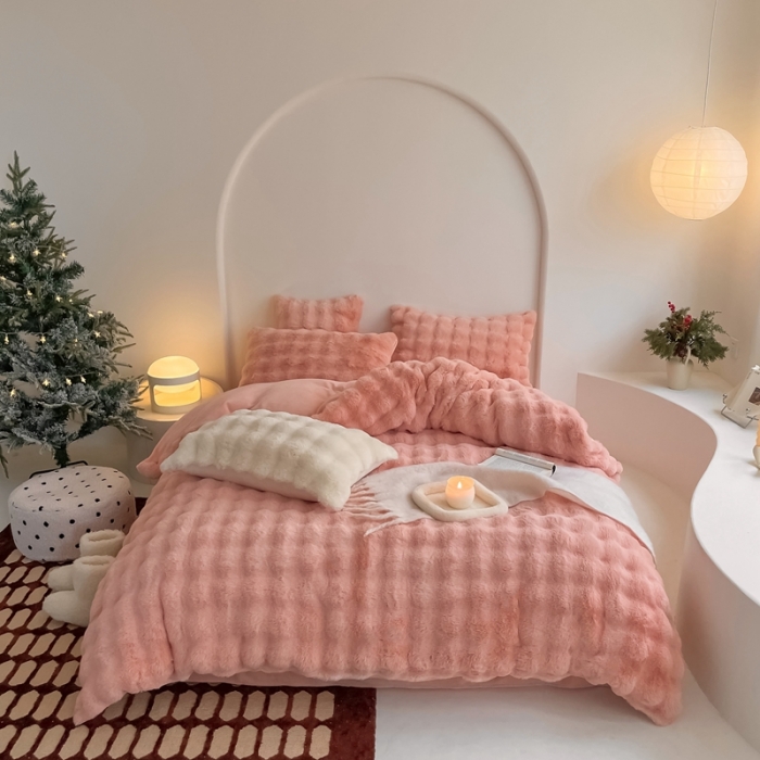 91家纺网 家纺一手货源 找家纺 潘朵拉 2023新款爆款兔毛大泡泡四件套 大泡泡蔷薇粉玉