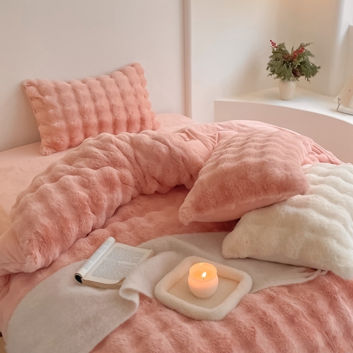 91家纺网 家纺一手货源 找家纺 潘朵拉 2023新款爆款兔毛大泡泡四件套 大泡泡蔷薇粉玉