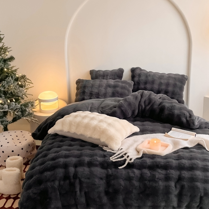 91家纺网 家纺一手货源 找家纺 潘朵拉 2023新款爆款兔毛大泡泡四件套 大泡泡深灰