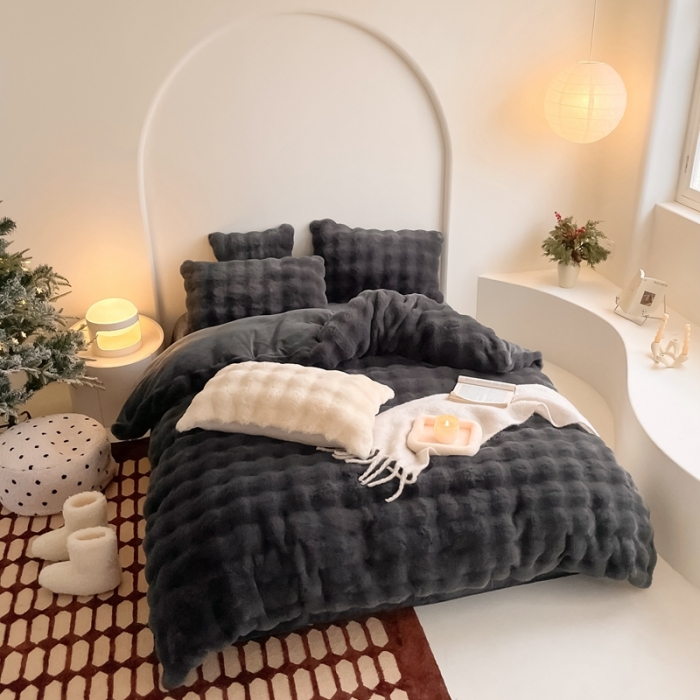 91家纺网 家纺一手货源 找家纺 潘朵拉 2023新款爆款兔毛大泡泡四件套 大泡泡深灰