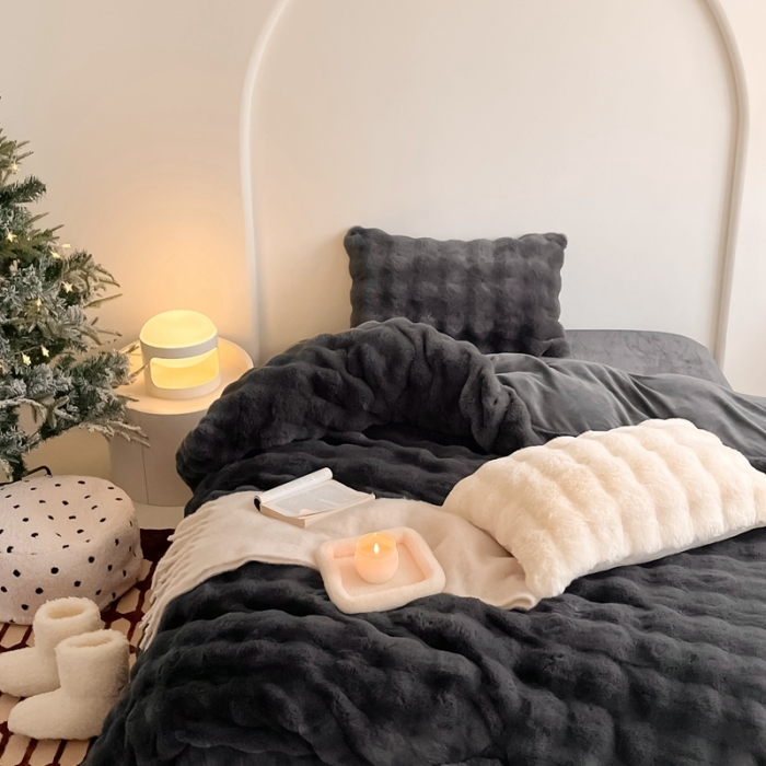 91家纺网 家纺一手货源 找家纺 潘朵拉 2023新款爆款兔毛大泡泡四件套 大泡泡深灰