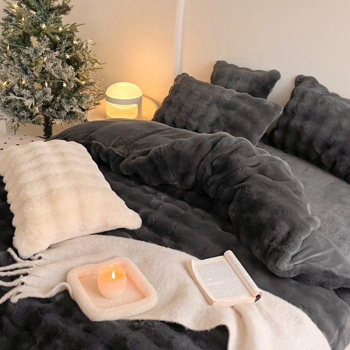 91家纺网 家纺一手货源 找家纺 潘朵拉 2023新款爆款兔毛大泡泡四件套 大泡泡深灰