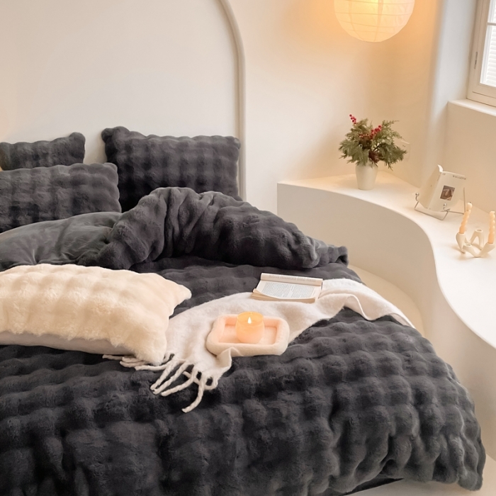 91家纺网 家纺一手货源 找家纺 潘朵拉 2023新款爆款兔毛大泡泡四件套 大泡泡深灰