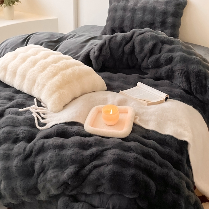 91家纺网 家纺一手货源 找家纺 潘朵拉 2023新款爆款兔毛大泡泡四件套 大泡泡深灰