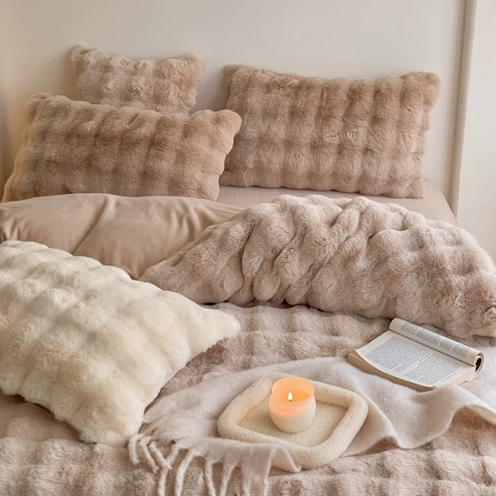 91家纺网 家纺一手货源 找家纺 潘朵拉 2023新款爆款兔毛大泡泡四件套 大泡泡驼色