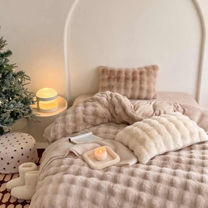 91家纺网 家纺一手货源 找家纺 潘朵拉 2023新款爆款兔毛大泡泡四件套 大泡泡驼色