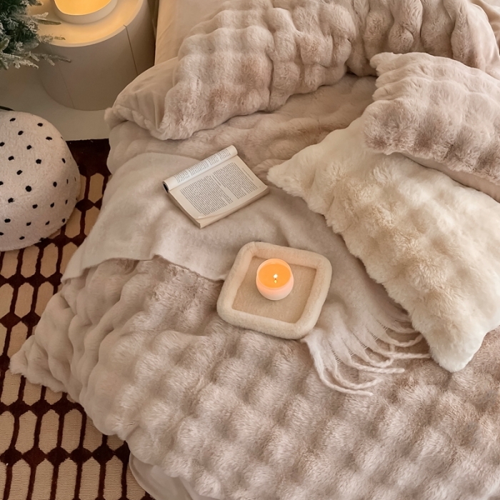 91家纺网 家纺一手货源 找家纺 潘朵拉 2023新款爆款兔毛大泡泡四件套 大泡泡驼色