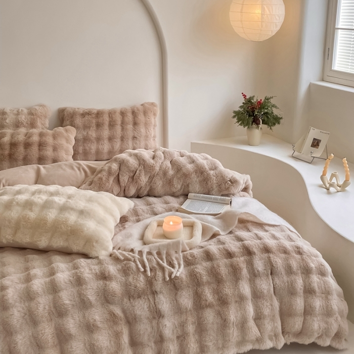 91家纺网 家纺一手货源 找家纺 潘朵拉 2023新款爆款兔毛大泡泡四件套 大泡泡驼色