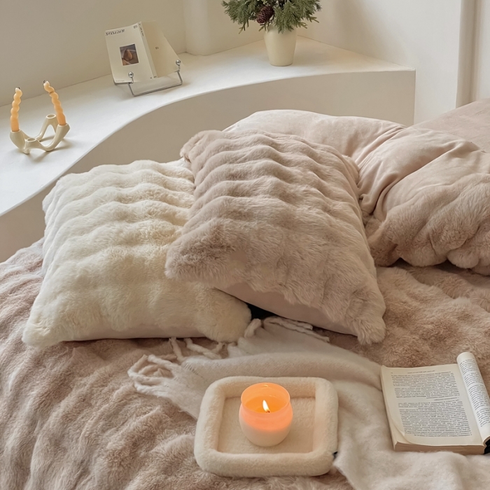 91家纺网 家纺一手货源 找家纺 潘朵拉 2023新款爆款兔毛大泡泡四件套 大泡泡驼色