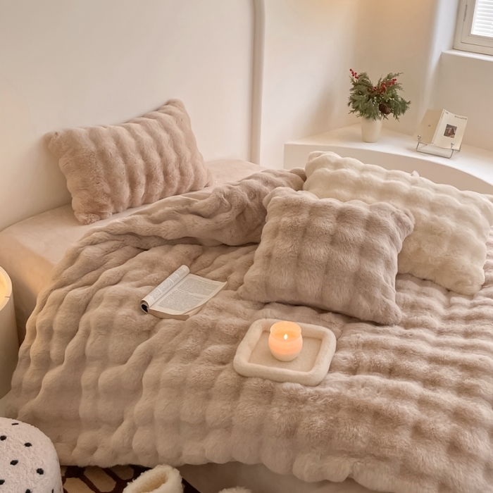 91家纺网 家纺一手货源 找家纺 潘朵拉 2023新款爆款兔毛大泡泡四件套 大泡泡驼色