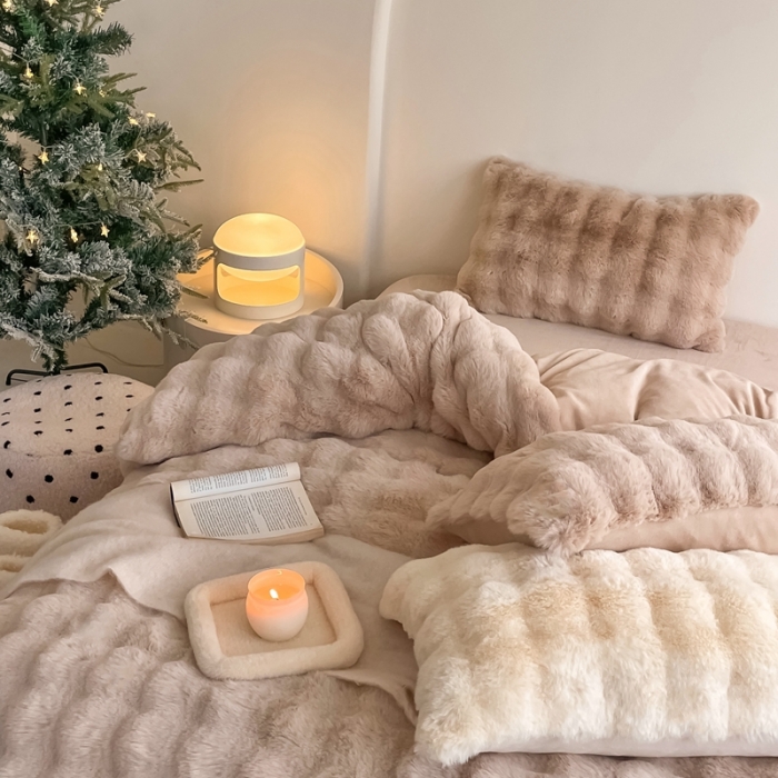 91家纺网 家纺一手货源 找家纺 潘朵拉 2023新款爆款兔毛大泡泡四件套 大泡泡驼色