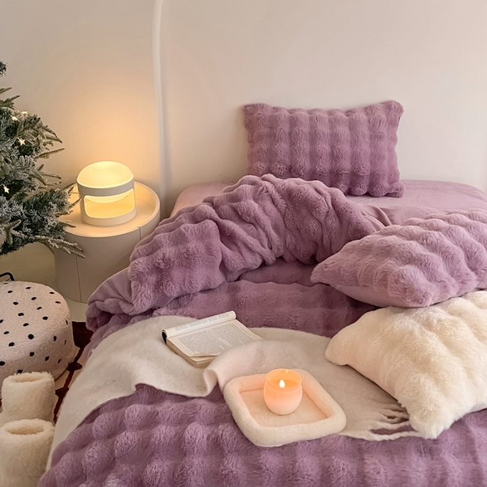 91家纺网 家纺一手货源 找家纺 潘朵拉 2023新款爆款兔毛大泡泡四件套 大泡泡紫